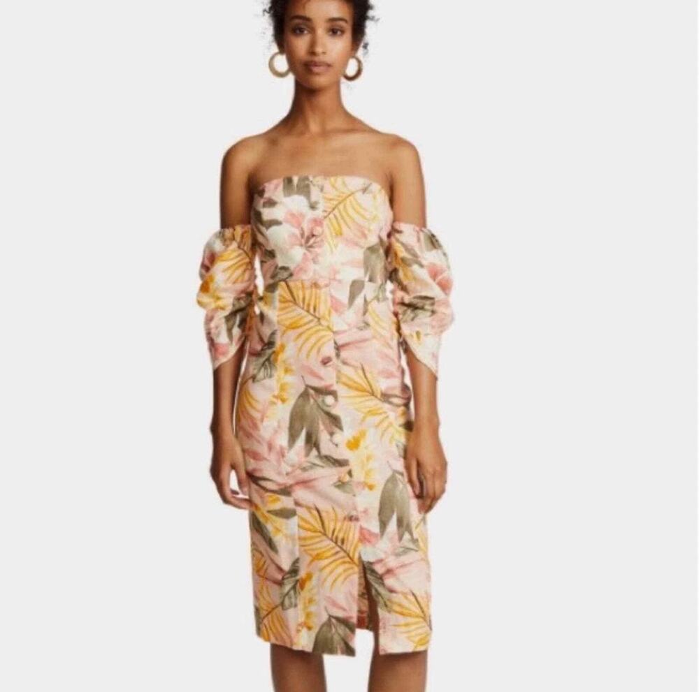 Joie Tropical Floral Linen Off Shoulder Button Front Seldy Midi Dress Size 4